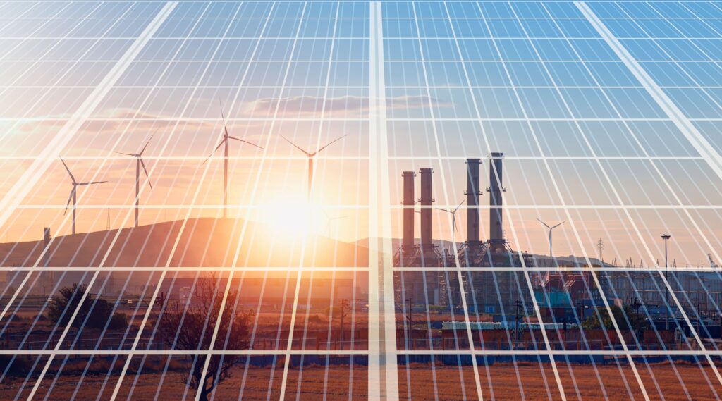 Erdgasaufbereitungsanlage mit Windturbinen für erneuerbare Energien, die bei Sonnenuntergang Stromreflexion für Sonnenkollektoren erzeugen